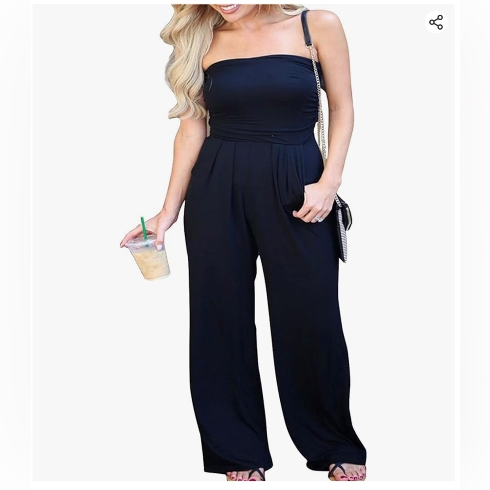 AMAZON PRIMODA Women's Strapless Loose Wide Leg Jumpsuit Romper with Pockets